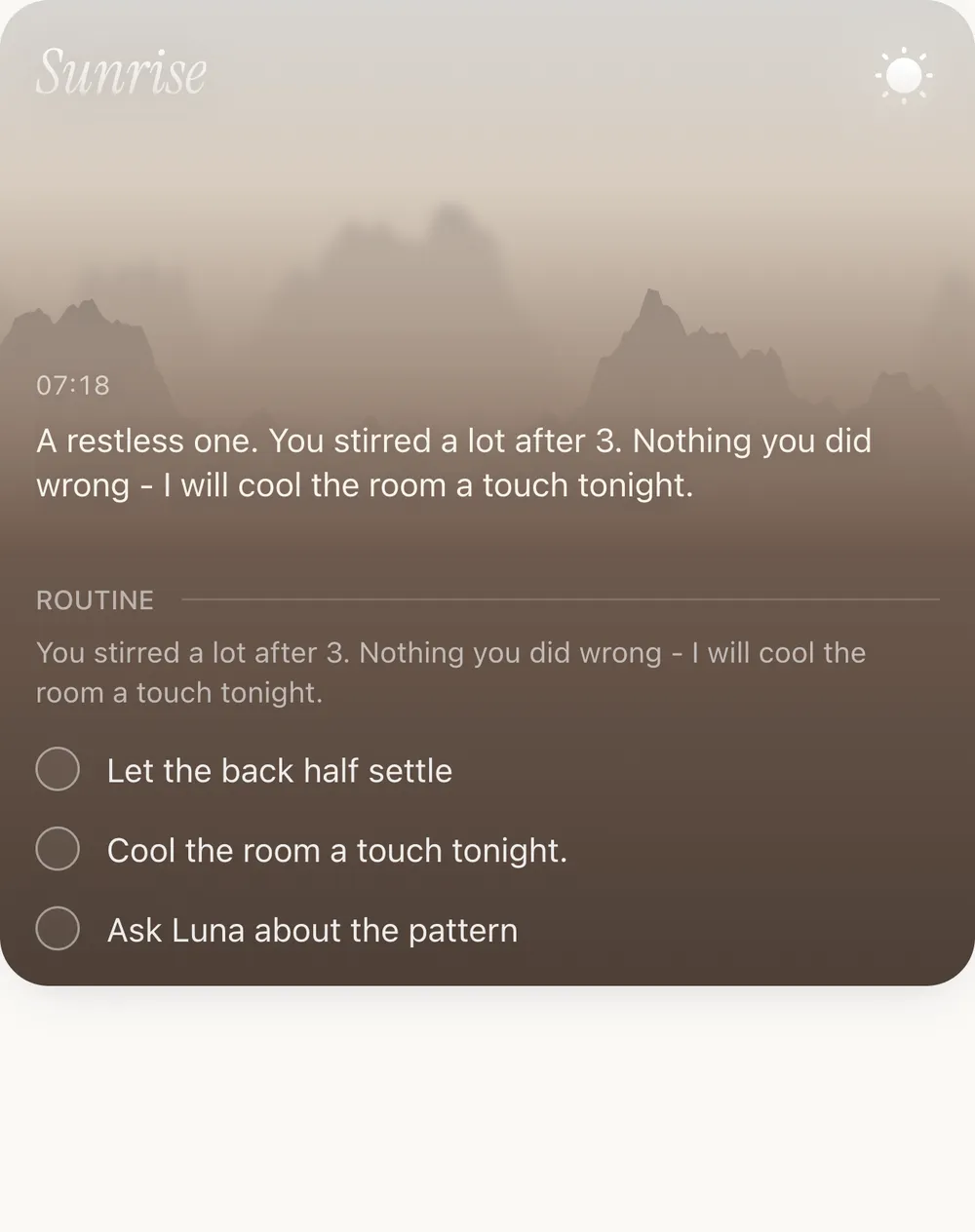 Luna App morning summary with a night reflection and suggested routine